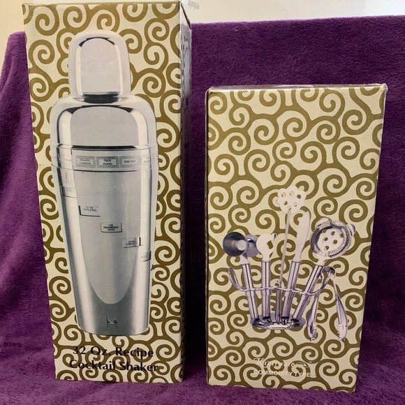 NWT - Kraftware Recipe Cocktail Shaker & 6 Piece Stainless Steel Bar Tool Set - Picture 1 of 10